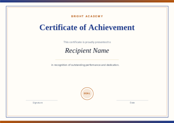 Achievement Certificate — Blue, editable certificate template