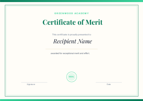 Certificate of Merit — Emerald, editable certificate template