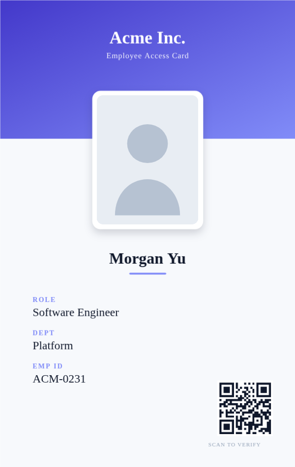 Employee Badge — Indigo, editable employee & staff badge template