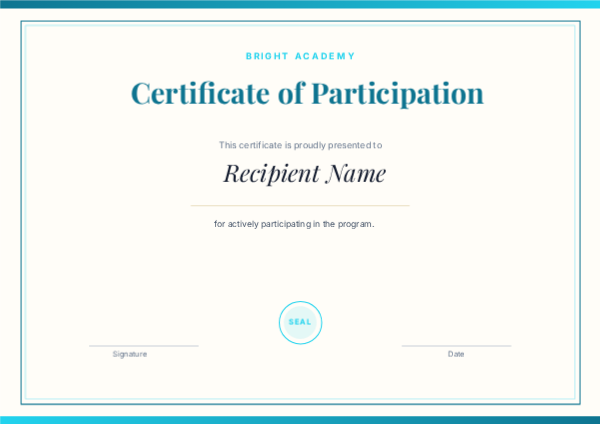Participation Certificate — Teal, editable certificate template