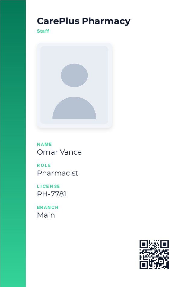 Pharmacy Staff — Emerald, editable hospital & clinic id template