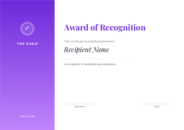 Recognition Award — Purple, editable certificate template