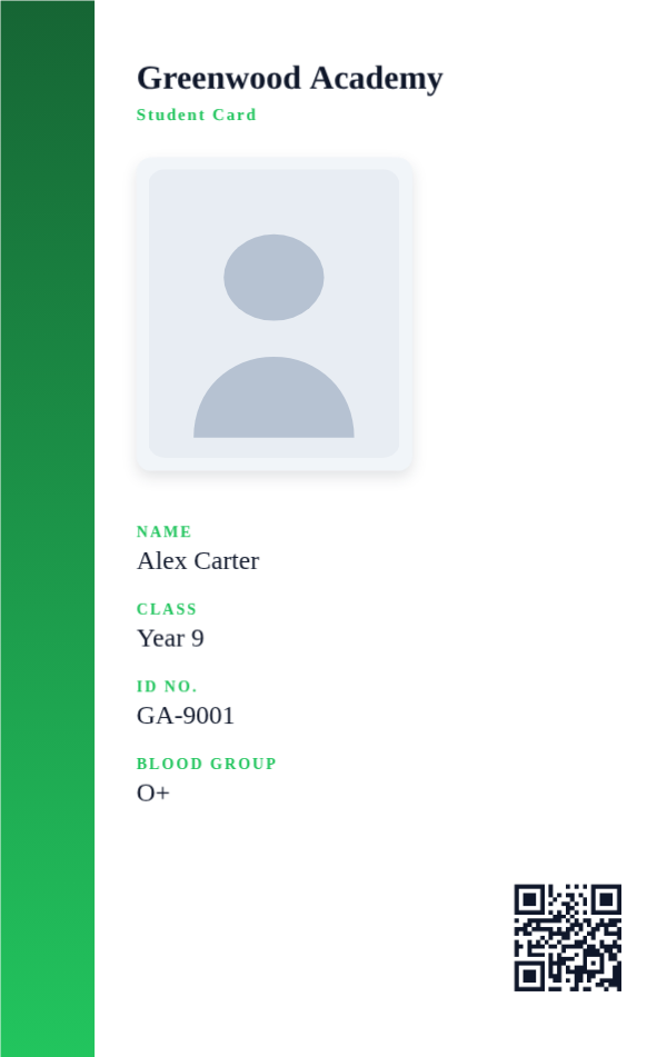 School ID — Fresh Green, editable school & student id template